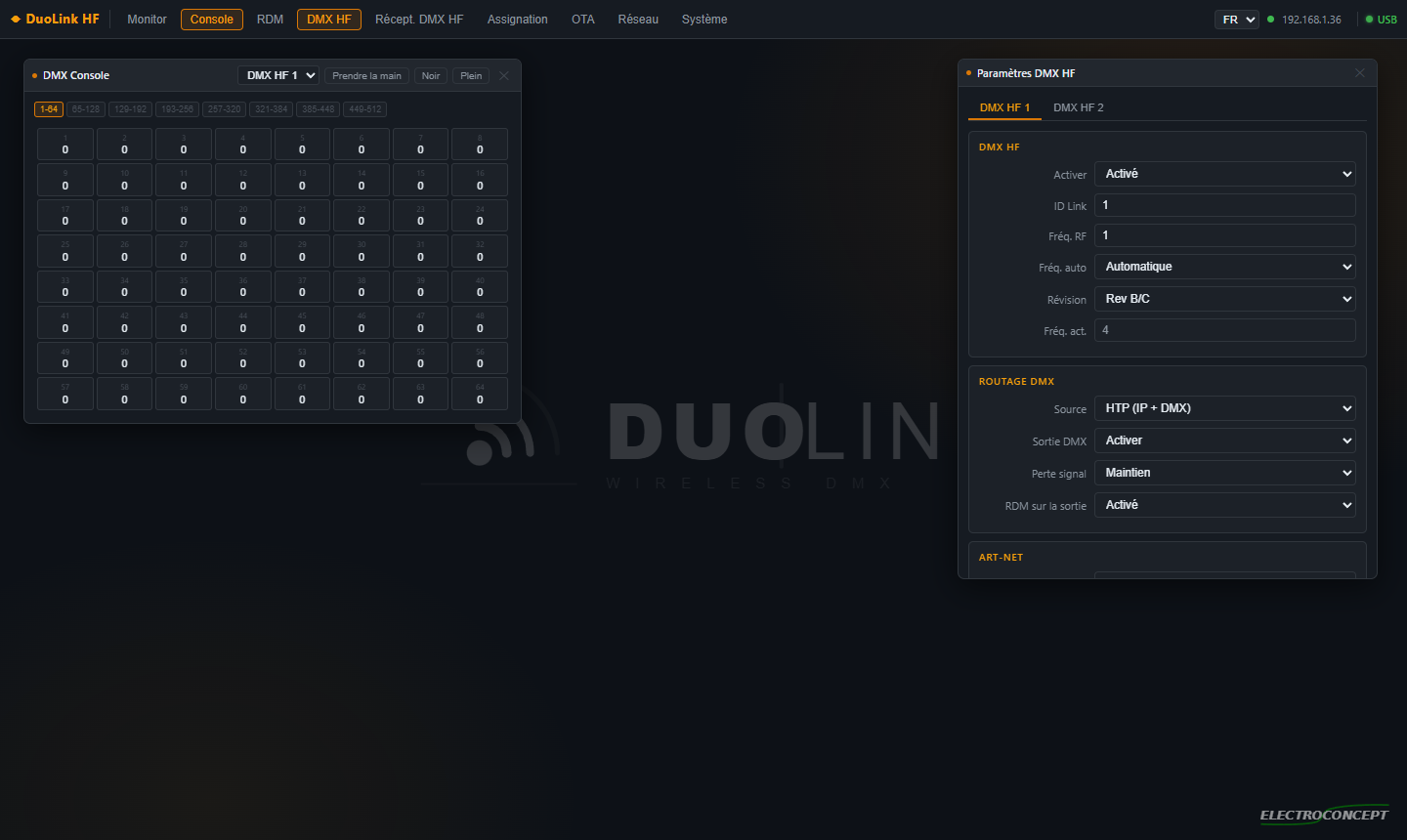 Interface web DuoLink : console et réglages des deux univers